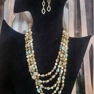 Elegant Gold and Turquoise Colored  Beaded Necklace Set With Earrings
